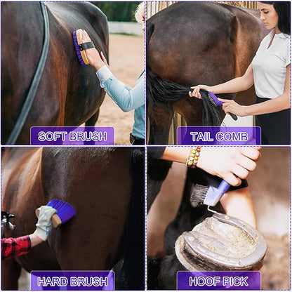 Horse Grooming Kit - 11 Piece Bathing Supplies with Organize Bag, Full Body Kit Including Sweat Scraper, Bath Sponge, Hoof Pick, Massage Comb (Purple)