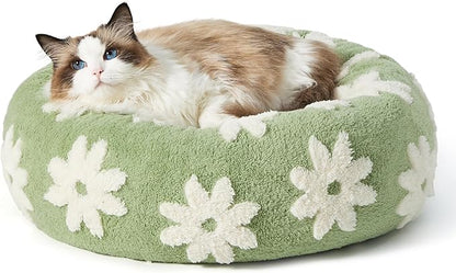 LE SURE Shown on TV Donut Cat Beds for Indoor Cats - Round Small Dog Bed Calming Gift for Pets, Cute Modern Home Decor Beds with Jacquard Shaggy Plush & Anti Slip Bottom, 20 Inch, Green