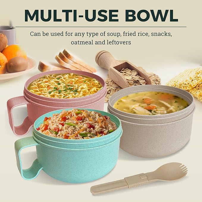 Souper Duper Ramen Bowl Set with Utensil • Heat & Eat Noodles in the Same Soup Bowl • Meal Prep Containers with Lids • Lunch Containers • Microwave, Freezer, Dishwasher Safe (Beige)