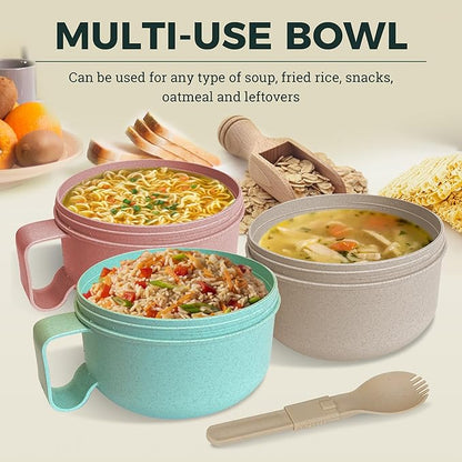 Souper Duper Ramen Bowl Set with Utensil • Heat & Eat Noodles in the Same Soup Bowl • Meal Prep Containers with Lids • Lunch Containers • Microwave, Freezer, Dishwasher Safe (Beige)