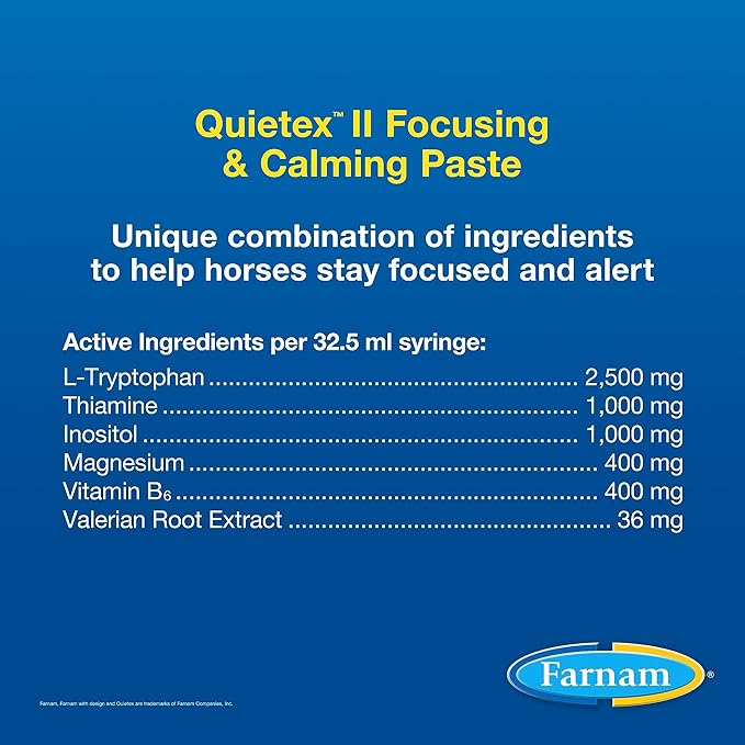 Farnam Quietex II Horse Calming Paste, 32.5 ml Syringe, Manage Nervous Behavior & Keep Horses Calm, Focused & Composed, 7 Stress-Relieving Ingredients, Calm Magnesium Supplement