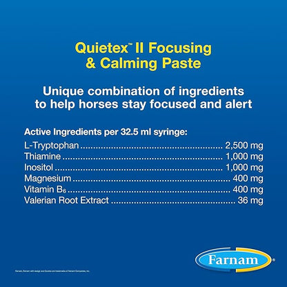 Farnam Quietex II Horse Calming Paste, 32.5 ml Syringe, Manage Nervous Behavior & Keep Horses Calm, Focused & Composed, 7 Stress-Relieving Ingredients, Calm Magnesium Supplement
