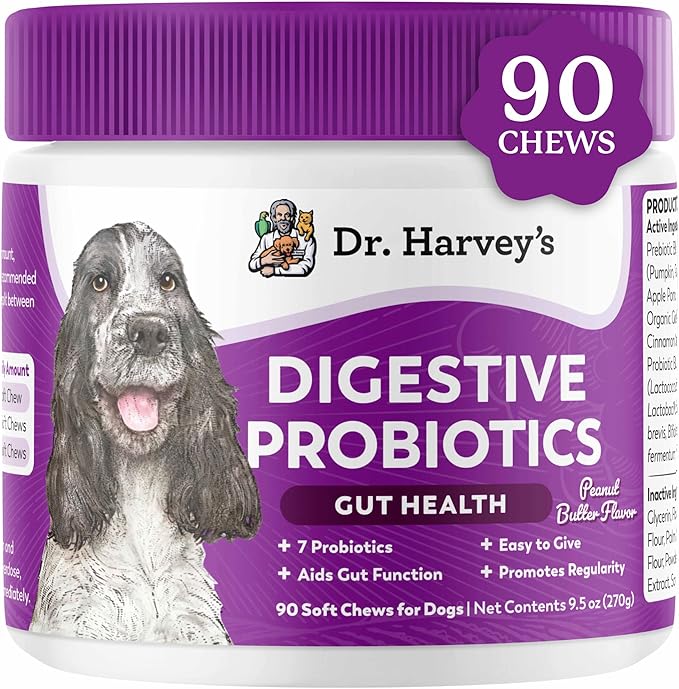 Dr. Harvey's Digestive Probiotic Soft Chews for Dogs, 9 Probiotics for Gut Health, Diarrhea and Bowel Support, Peanut Butter Flavor (90 Chews)