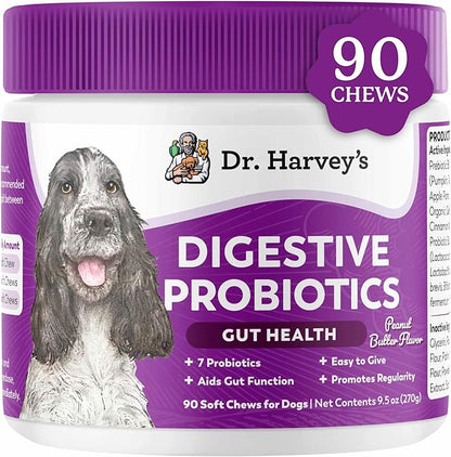 Dr. Harvey's Digestive Probiotic Soft Chews for Dogs, 9 Probiotics for Gut Health, Diarrhea and Bowel Support, Peanut Butter Flavor (90 Chews)