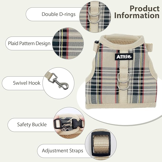 AIITLE Bunny Harness and Leash Set Escape Proof - Magic Tape Design, Lightweight Plaid Pattern Mesh Padding, No Pull No Choke for Puppy Cat Rat Squirrel Ferret, Outdoor Walking Running, Beige S