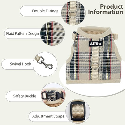 AIITLE Bunny Harness and Leash Set Escape Proof - Magic Tape Design, Lightweight Plaid Pattern Mesh Padding, No Pull No Choke for Puppy Cat Rat Squirrel Ferret, Outdoor Walking Running, Beige S