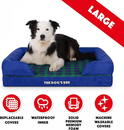 The Dog’s Bed Orthopedic Memory Foam Dog Bed with Bolsters for Large Dogs, High Density Support Mattress, Low Front Entry, Removable Washable Cover, Oxford Fabric, Black Watch Tartan, Large