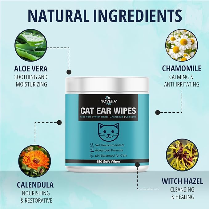 NOVEHA Cat Ear Wipes that Gently Clean & Soothe Sensitive Cat Ears; Soft Ear Cleaner for Removing Wax, Dirt & Odor; Alcohol-Free Ear Care with pH Balanced Formula; Unscented Grooming Care 150pcs