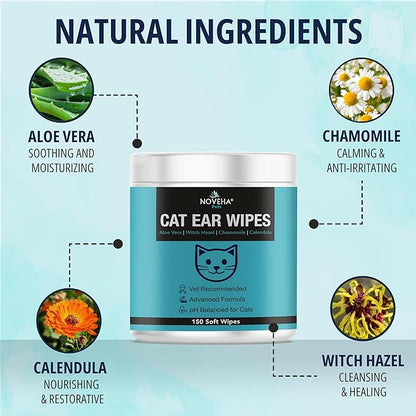 NOVEHA Cat Ear Wipes that Gently Clean & Soothe Sensitive Cat Ears; Soft Ear Cleaner for Removing Wax, Dirt & Odor; Alcohol-Free Ear Care with pH Balanced Formula; Unscented Grooming Care 150pcs