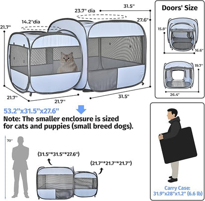 EighteenTek® 2-in-1 Portable Cat Playpen, Detachable into 2 Separate Cages with Additional 2 Doors, Pop up Pet Play Pen Cat Tent House, Foldable Puppy Enclosure Kitten Crates Indoors Outdoor(Grey)