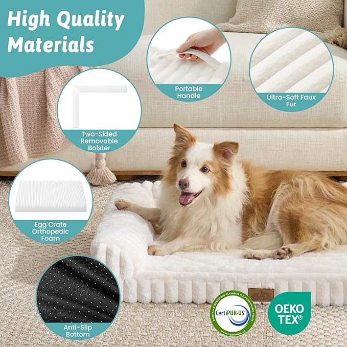 COZY KISS Extra Large Dog Bed, Faux Rabbit Fur Orthopedic Foam Dog Bed with Sides, Removable Washable Cover, Comfortable Pet Couch for Extra Large Dogs, Cream (48" L x 35" W x 7.5" Th)
