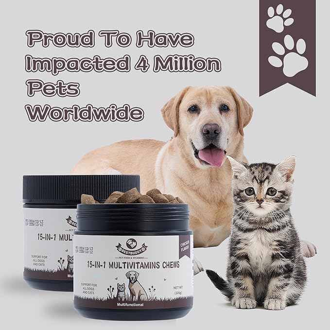 Best Buddy Multivitamin 15-in-1 Treats for Dogs I Cats, Complete Health Supplement Joint Support + Digestive Enzymes, Grain Free Dog Vitamins and Supplements for Skin & Coat (Chicken, 225g)