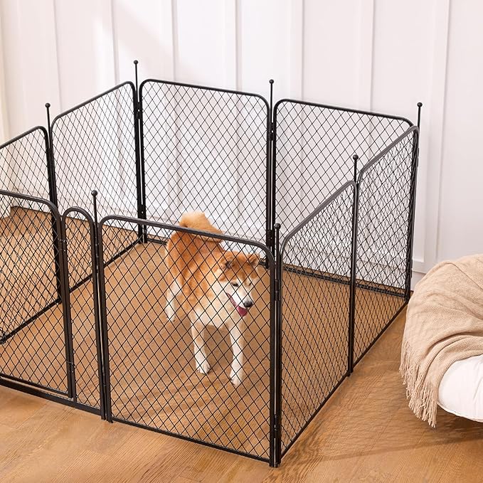 ZOMISIA Paw Safe Dog Playpen for Indoor, 32 Inch 8 Panels Anti-pinch Diamond Mesh Dog Fence for Small Medium Dogs, Metal Stable Dog Play Pen with Door, Portable Pet Playpen for Outdoor RV Camping Yard