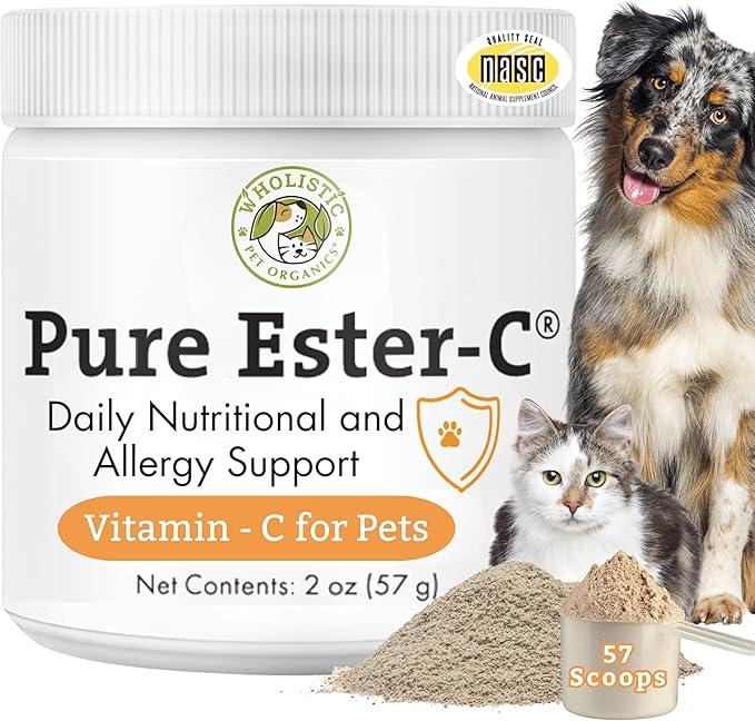 Wholistic Pet Organics Ester-C Powder for Dogs & Cats - Cat & Dog Allergy & Itch Relief - Vitamin C Immune Support Supplement - Itchy Skin Support for Seasonal Dog Allergy Relief - 2 oz - 57 Scoops