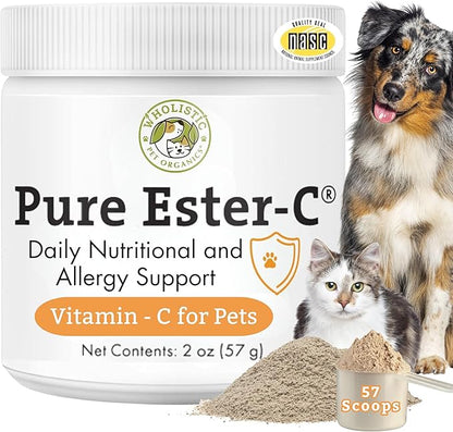 Wholistic Pet Organics Ester-C Powder for Dogs & Cats - Cat & Dog Allergy & Itch Relief - Vitamin C Immune Support Supplement - Itchy Skin Support for Seasonal Dog Allergy Relief - 2 oz - 57 Scoops