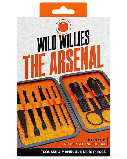 Wild Willies 10-Piece Pedicure & Manicure Kit for Men & Women - Includes Nail Clippers, Scissors, Tweezers, Files - Compact Travel Nail Grooming Kit, Mens Nail Care Set