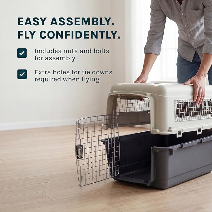 SportPet Airline Compliant XXX-LARGE 44" Travel Dog Kennel-Durable Plastic Airline Pet Carrier w/Removable Wheels & Food Bowls, Collapsible Indoor/Outdoor Dog Kennel, Dogs up to 44"L & 33"H-Cream/Gray