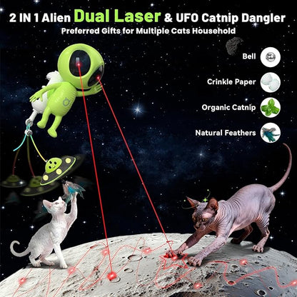 ORSDA Laser Cat Toys for Indoor Cats, 2 in 1 Interactive Automatic Dual Laser & Catnip UFO Dangler for Kitten Toys, Truly Random Trajectory Radar Motion-Activated, Rechargeable 4 Modes, Clamp Design