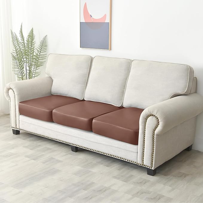 Yates Home PU Leather Couch Sofa Cushion Slipcover Water-Proof Elastic Chair Seat Covers Loveseat Slip Cover for Seater Replacement in Living Room（3 Piece Large Sofa Cushion Covers, Light Brown