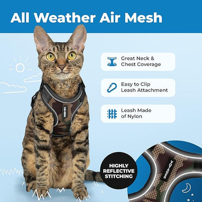 Voyager Escape-Proof Step-in Lock Cat Harness & 5ft Neoprene-Handle Leash Set All-Weather Mesh with Reflective Stitching for Small to Large Cats by Best Pet Supplies, Army (327), XXXS