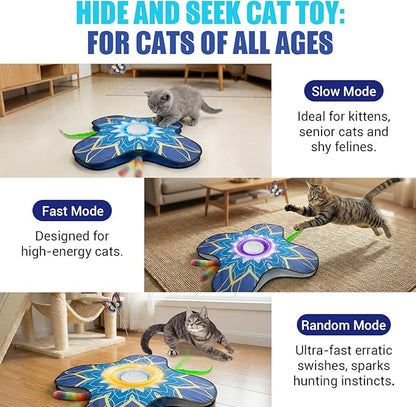 Interactive Cat Toy for Indoor Cats, Touch Activated Automatic Electronic Cat Toy with Sound On/Off, Dual Wands, Non-Slip Suction Cups, Rechargeable Hide and Seek Cat Play Mat for Bored Adult Kittens