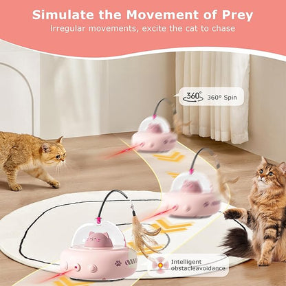 hooroor 2-in-1 UFO Laser Cat Toy with Feather, Automatic Motion Smart Sensor Interactive Toy for Indoor Cats&Small Dogs, Rechargeable Obstacle-Avoidance Exercise Toy, Self-Play Pet Gift Pink Updated