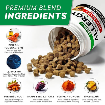 StrellaLab Dog Allergy Relief & Anti Itch Support Chews w/Omega 3: Real Ingredients, Real Taste! Skin & Coat Immune Supplement w/Fish Oil, Pumpkin & Enzymes — Developed by Experts - Made in USA -240Ct
