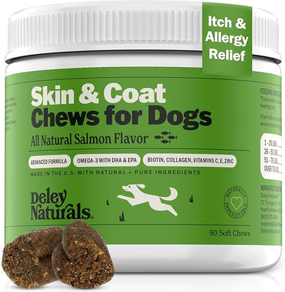 Deley Naturals Skin & Coat Chews - Dog Allergy Chews with Omega 3 Fish Oil, Biotin, Collagen and Essential Vitamins - Supports Dog Itching Skin Relief, Reduces Dryness and Healthy Coat - 90 Chews