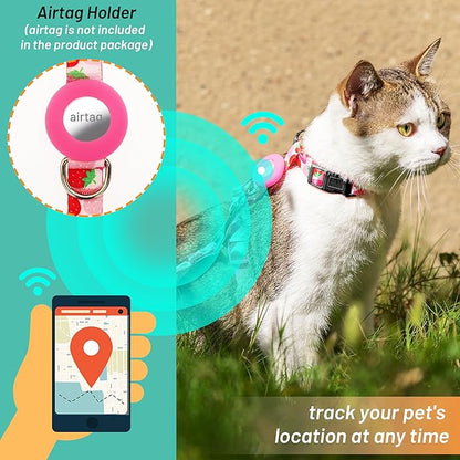 Cat Harness and Leash Escape Proof for Walking Travel Outdoor - Cute Strawberry Nylon Adjustable Cute Cat Harness Leash Set with Airtag Holder for Small Large Cats