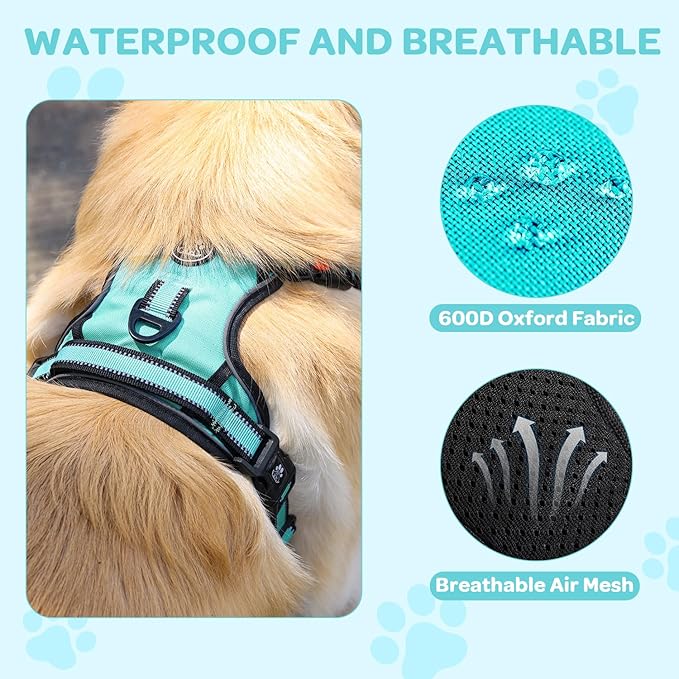 FURRYFECTION Plaid Dog Harness for Small Dogs, Reflective No Pull Adjustable Pet Vest with Front Clip, Leash, Easy Control Handle and Seat Belt, Turquoise, S