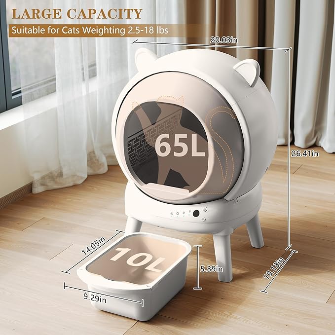 PUPETPO Self Cleaning Litter Box, Automatic Cat Litter Box for Multiple Cats, Auto Litter Box Robot with APP Control, Dual Safety Sensors, Odor Control&Low Noise, Cat Ears Design, Ivory White