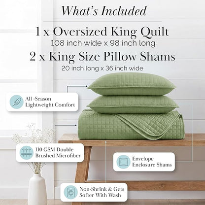 Southshore Fine Living, Inc. Oversized King Quilt Bedding Set, Pet Hair Resistant Bedding, Microfiber Lightweight Bedspread for Summer, Green Coverlet Set w/2 Pillow Shams, Sage Green Quilt King