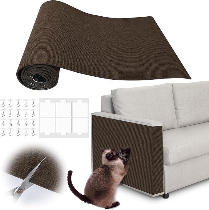 Cat Scratch Furniture Protector - 100" x 17" Trimmable Self-Adhesive Cats Claws Scratch Pads, DIY Cat Climbing Couch Protector for Scratch Post Cat Tree Replacement Indoor (Brown)
