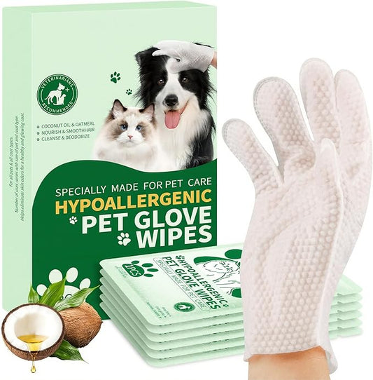 GLADFRESIT Pet Grooming Glove Wipes for Dogs & Cats, Hypoallergenic Deodorizing Cleansing Wipes with Coconut Oil & Botanical Extracts, Daily & Outdoor Care, 60g Portable and Lightweight (6 Pcs)
