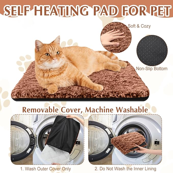 Drydiet 4 Pack Self Warming Cat Pads Self Heating Cat Mat Washable Homeless Dogs Thermal Pads Kennel Pad Reflects Body Heat Warm Crate Bed Mat for Indoor Outdoor Pet(Brown,16 x 20 Inch)