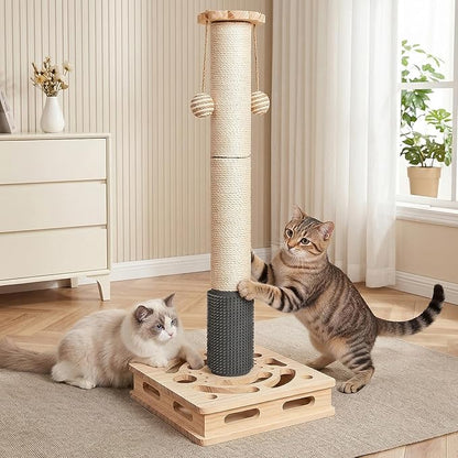 30.3 Inch Large Cat Scratching Post, 4-in-1 Interactive Maze Base with Cat Self Groomer, Natural Pine Wood & Premium Sisal Scratching Pole, Anti-Slip Detachable Design for Indoor Cats