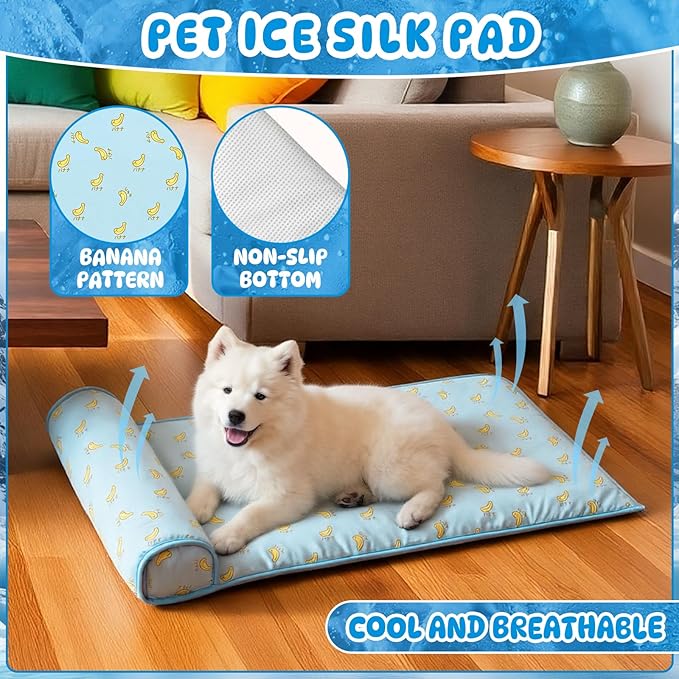 DoubleFill 4 Pack Cooling Dog Mats with Supportive Pillow 15.7" x 23.6" Self Cooling Dog Pads Ice Silk Washable Pet Cool Mat Summer Cat Sleeping Pad with Storage Bag for Crate Bed (Small, Blue)