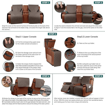 Ruaozz Waterproof Loveseat Recliner Cover with Console Non-Slip Reclining Couch Covers Split Sofa Slipcovers with Elastic Straps Furniture Protector for Kids, Dogs, Pets(Brown, 2 Seater)