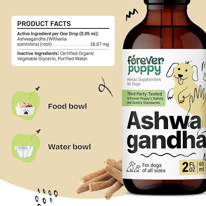 Forever Puppy Ashwagandha Drops for Dogs - Relaxation Supplement w/Ashwagandha Root - Liquid Alternative to Calming Chews - Food Supplements for Calming Vibes - 2 oz