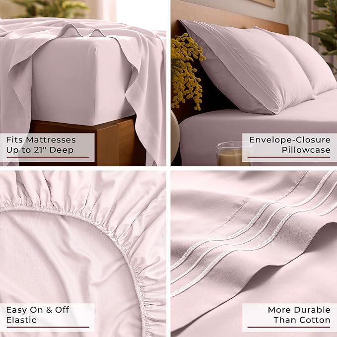 Mellanni Full Sheet Set - 6-Piece Iconic Collection Bedding, (Including 4 Pillowcases), 21-Inch Extra Deep Pocket, Easy Care, Ultra Soft, Cooling Sheets, Brushed Microfiber - Blush Pink