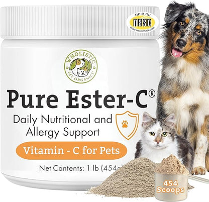 Wholistic Pet Organics Ester-C Powder for Dogs & Cats - Cat & Dog Allergy & Itch Relief - Vitamin C Immune Support Supplement - Itchy Skin Support for Seasonal Dog Allergy Relief - 1 lb - 454 Scoops