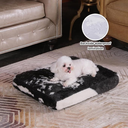 Bedfolks Waterproof Dog Crate Bed,Plush Dog Bed with Removable Washable Cover,Faux Fur Dog Crate Pad for Small Dogs and Cats,Fluffy Dog Kennel Bed 23"x18",Black-White Cowhide