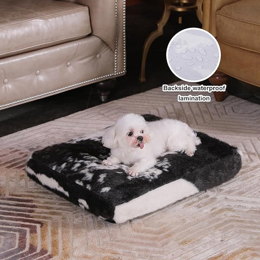 Bedfolks Waterproof Dog Crate Bed,Plush Dog Bed with Removable Washable Cover,Faux Fur Dog Crate Pad for Small Dogs and Cats,Fluffy Dog Kennel Bed 23"x18",Black-White Cowhide