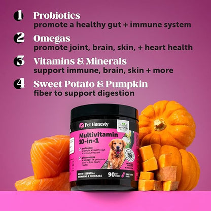 Dog Multivitamin Max Strength, 15-in-1 Multivitamin for Dogs – Dog Vitamins & Supplements with Glucosamine, Probiotics & Omega 3s – Supports Joint, Heart, Immune, Skin & Coat Health – Chicken (90 Ct)