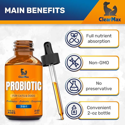 Liquid Probiotics for Dogs and Cats – 6 Billion CFU Pet Digestive Support – Dog Probiotics with Enzymes – Cat Probiotic Supplement – 2-oz Bottle