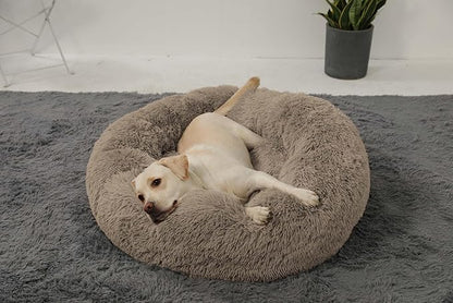 HACHIKITTY Calming Donut Cuddler Dog Bed, Round Fluffy Pet Bed with Sewn-in Cushionfor Large Dogs,Washable, Large, Taupe, 30''