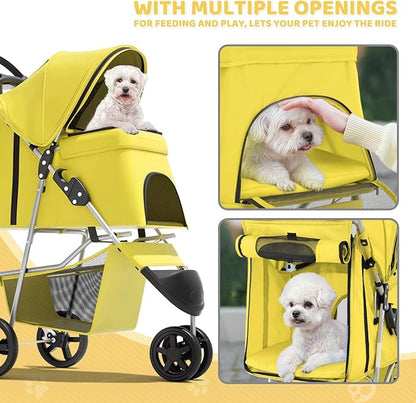 Magshion 3-Wheel Pet Stroller, Foldable Travel Jogger for Small & Medium Dogs & Cats (Up to 33lbs), Lightweight Carrier with Breathable Mesh Cover, Cup Holder & Storage Basket, Yellow