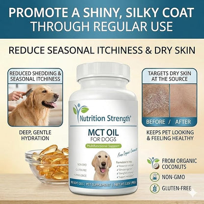 MCT Oil for Dogs from Organic Coconuts - Support Cognitive Function & Energy - Pure C8 & C10 Medium Chain Triglycerides - Boost Immunity & Senior Dog Brain Support, 90 Soft Gels