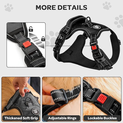 FURRYFECTION Plaid Dog Harness for Small Dogs, Reflective No Pull Adjustable Pet Vest with Front Clip, Leash, Easy Control Handle and Seat Belt, Black, S