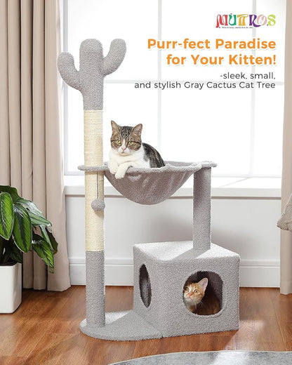 MUTTROS Cactus Cat Tree Cat Scratching Post 40" Cat Tower with Large Metal Carpet Hammock, Cat Scratching Post for Indoor Cats with Condo& Dangling Ball, Grey